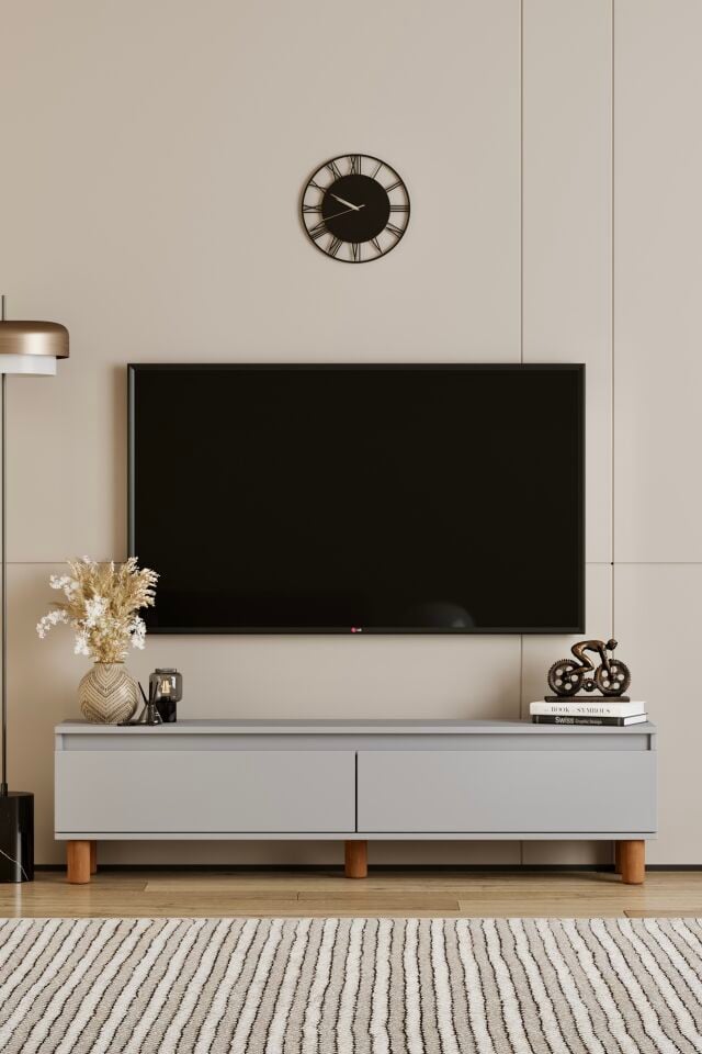MİLA TV Ünitesi Ahşap Ayaklı 2 Kapaklı - MDF - 120 CM SİS GRİ