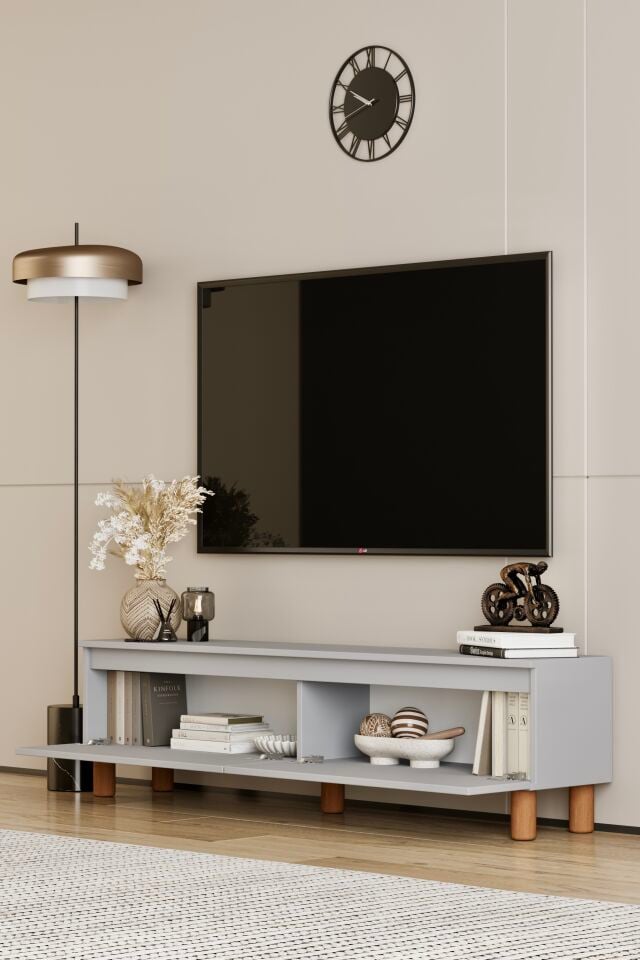 MİLA TV Ünitesi Ahşap Ayaklı 2 Kapaklı - MDF - 120 CM SİS GRİ