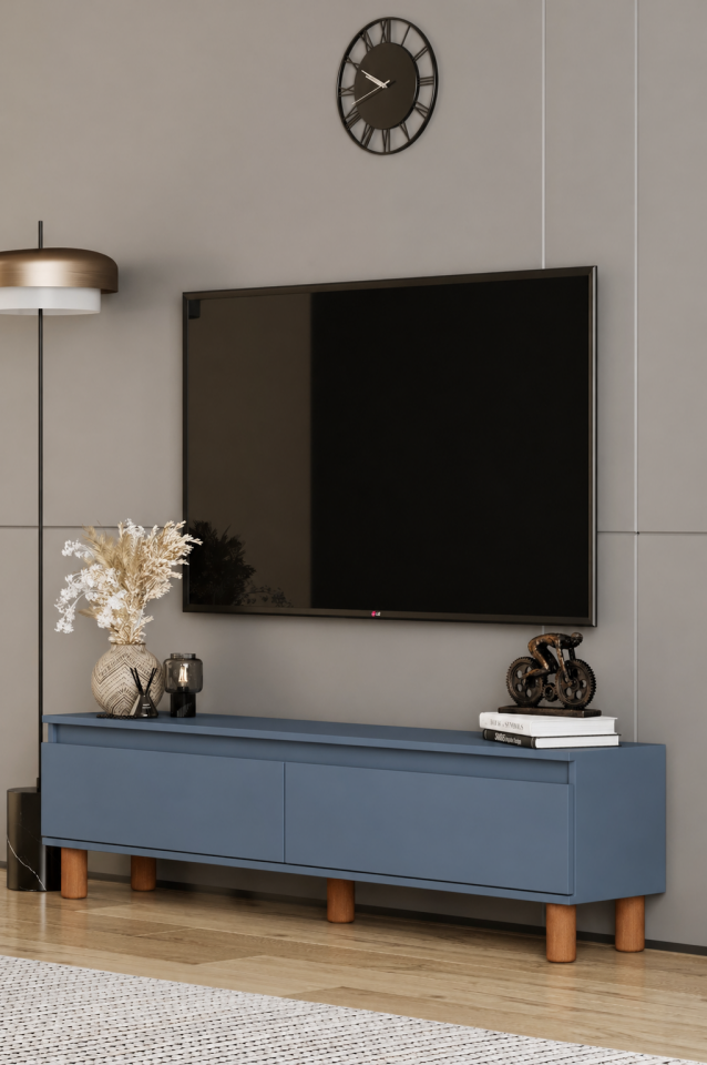 MİLA TV Ünitesi Ahşap Ayaklı 2 Kapaklı - MDF - 120 CM DUMAN MAVİ