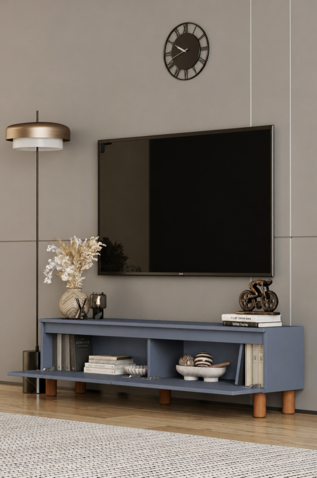 MİLA TV Ünitesi Ahşap Ayaklı 2 Kapaklı - MDF - 120 CM DUMAN MAVİ