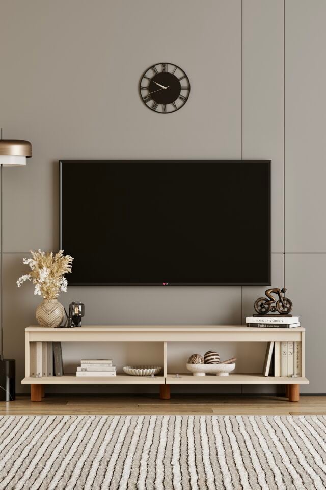 MİLA TV Ünitesi Ahşap Ayaklı 2 Kapaklı - MDF - 120 CM BEJ