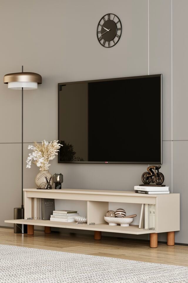 MİLA TV Ünitesi Ahşap Ayaklı 2 Kapaklı - MDF - 120 CM BEJ