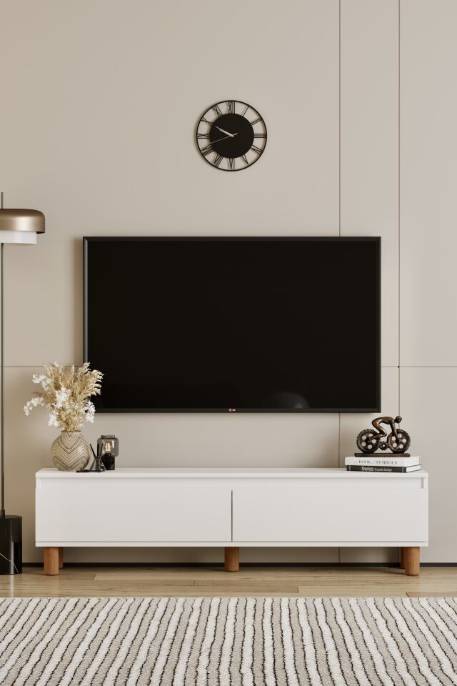 MİLA TV Ünitesi Ahşap Ayaklı 2 Kapaklı - MDF - 140 CM BEYAZ