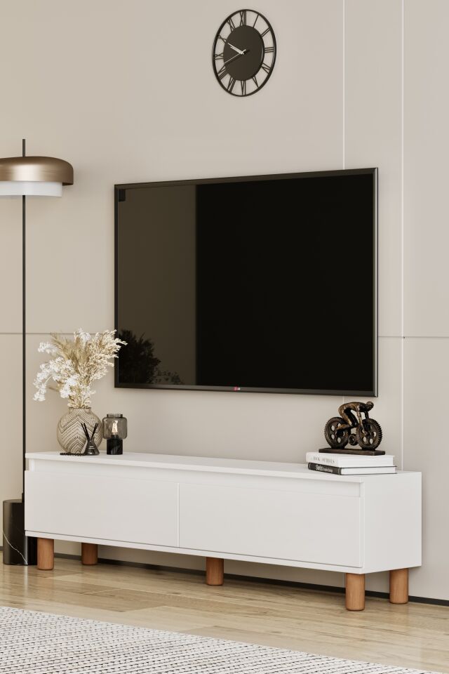 MİLA TV Ünitesi Ahşap Ayaklı 2 Kapaklı - MDF - 140 CM BEYAZ