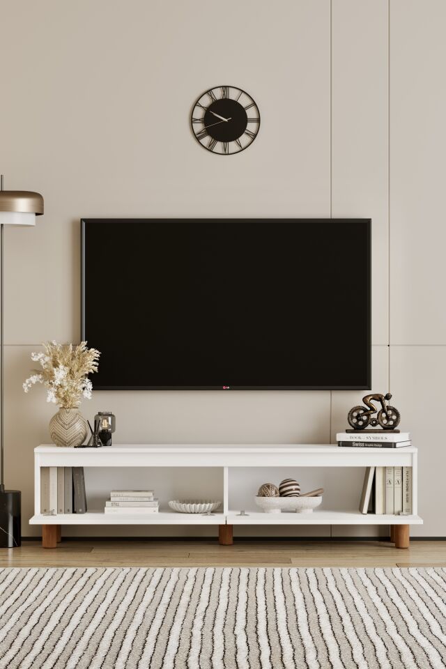 MİLA TV Ünitesi Ahşap Ayaklı 2 Kapaklı - MDF - 140 CM BEYAZ