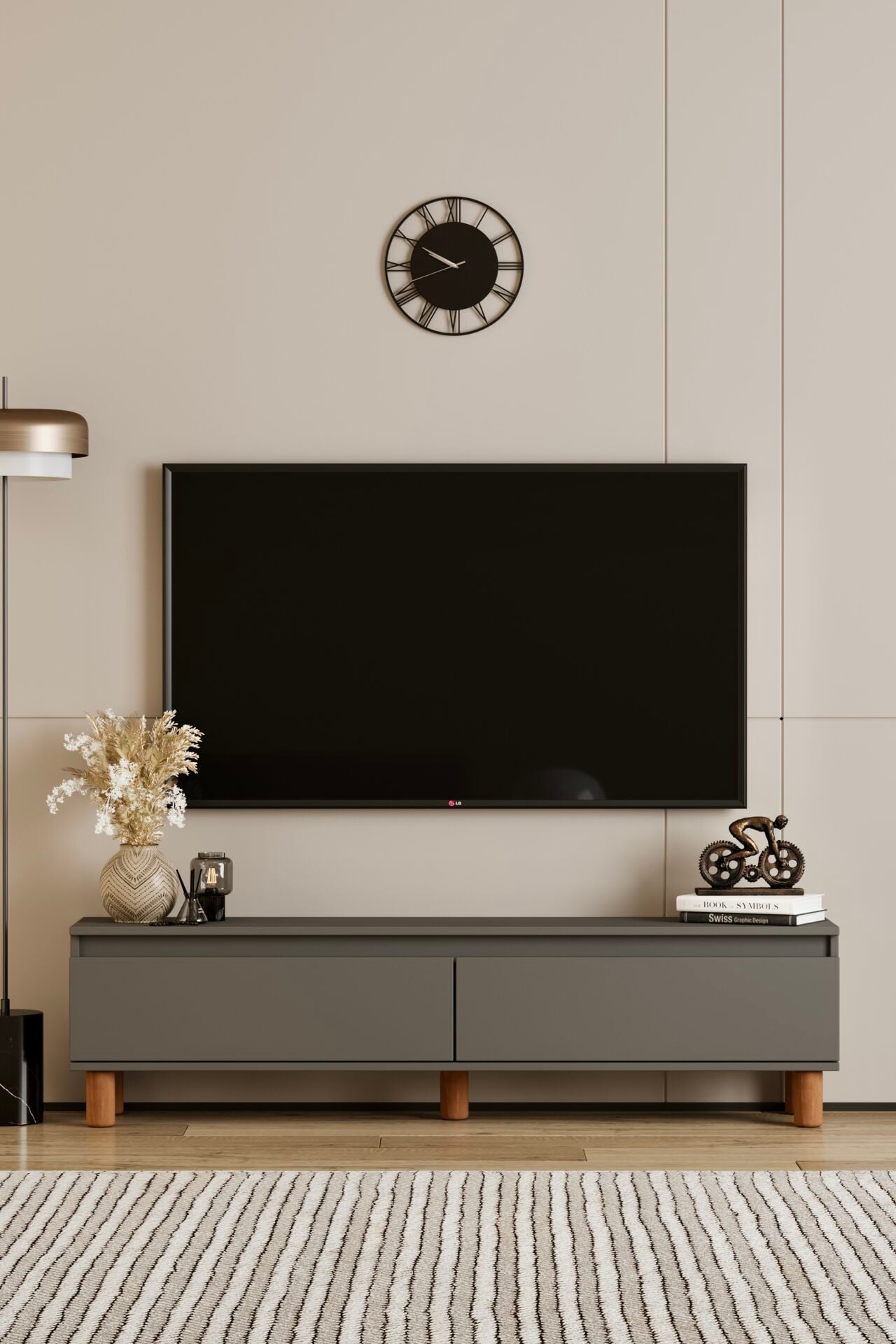 MİLA TV Ünitesi Ahşap Ayaklı 2 Kapaklı - MDF - 140 CM GRİ
