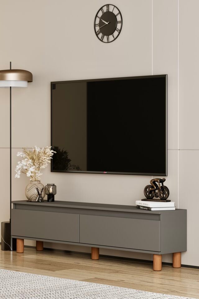 MİLA TV Ünitesi Ahşap Ayaklı 2 Kapaklı - MDF - 140 CM GRİ