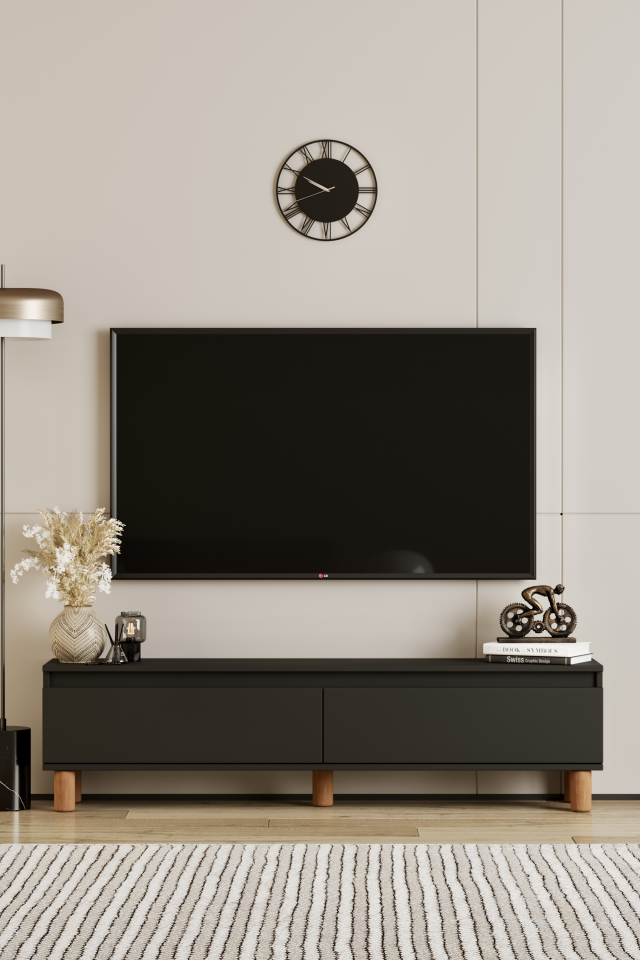 MİLA TV Ünitesi Ahşap Ayaklı 2 Kapaklı - MDF - 140 CM SİYAH