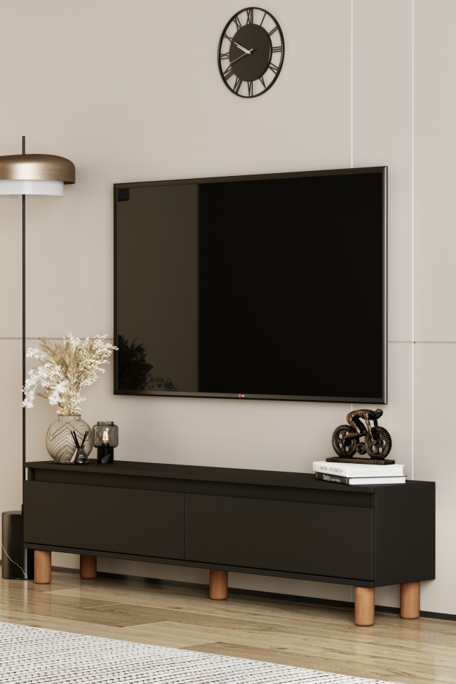 MİLA TV Ünitesi Ahşap Ayaklı 2 Kapaklı - MDF - 140 CM SİYAH