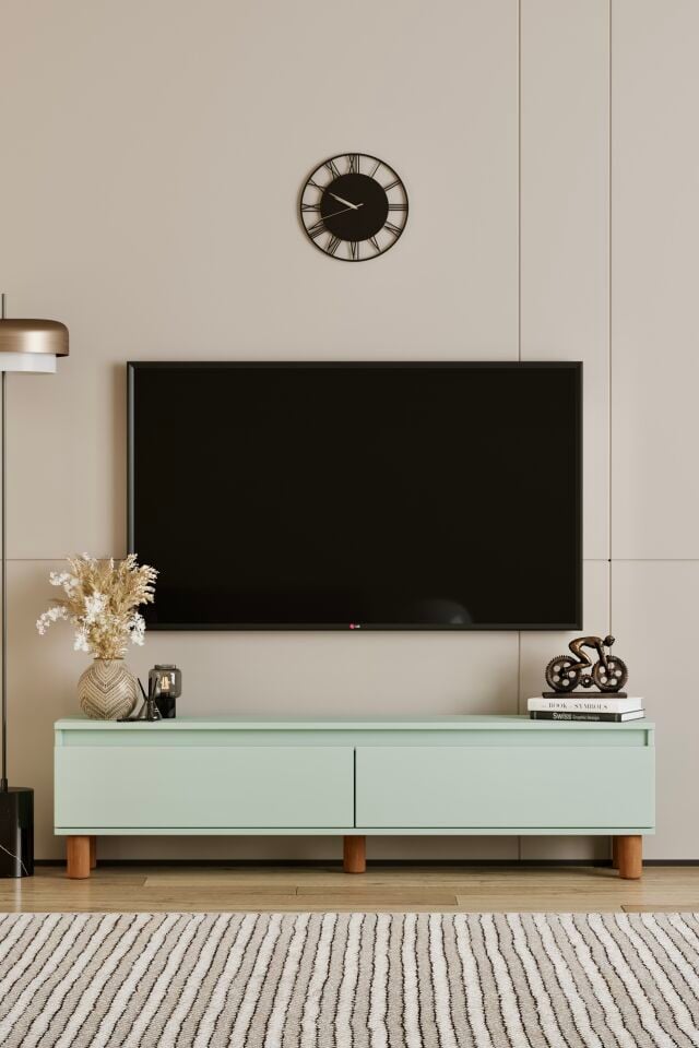 MİLA TV Ünitesi Ahşap Ayaklı 2 Kapaklı - MDF - 140 CM MİNT YEŞİLİ