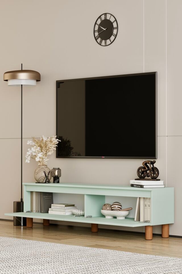 MİLA TV Ünitesi Ahşap Ayaklı 2 Kapaklı - MDF - 140 CM MİNT YEŞİLİ