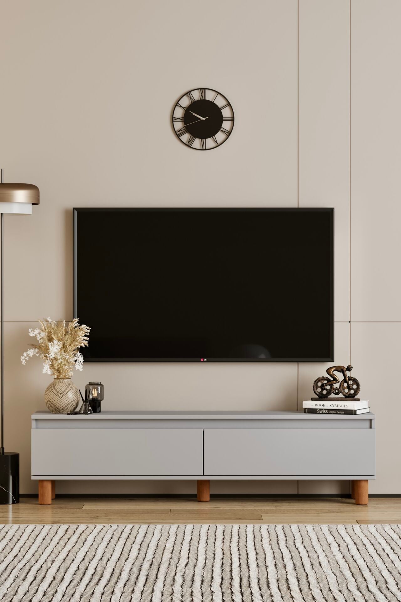 MİLA TV Ünitesi Ahşap Ayaklı 2 Kapaklı - MDF - 140 CM SİS GRİ