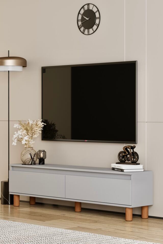 MİLA TV Ünitesi Ahşap Ayaklı 2 Kapaklı - MDF - 140 CM SİS GRİ