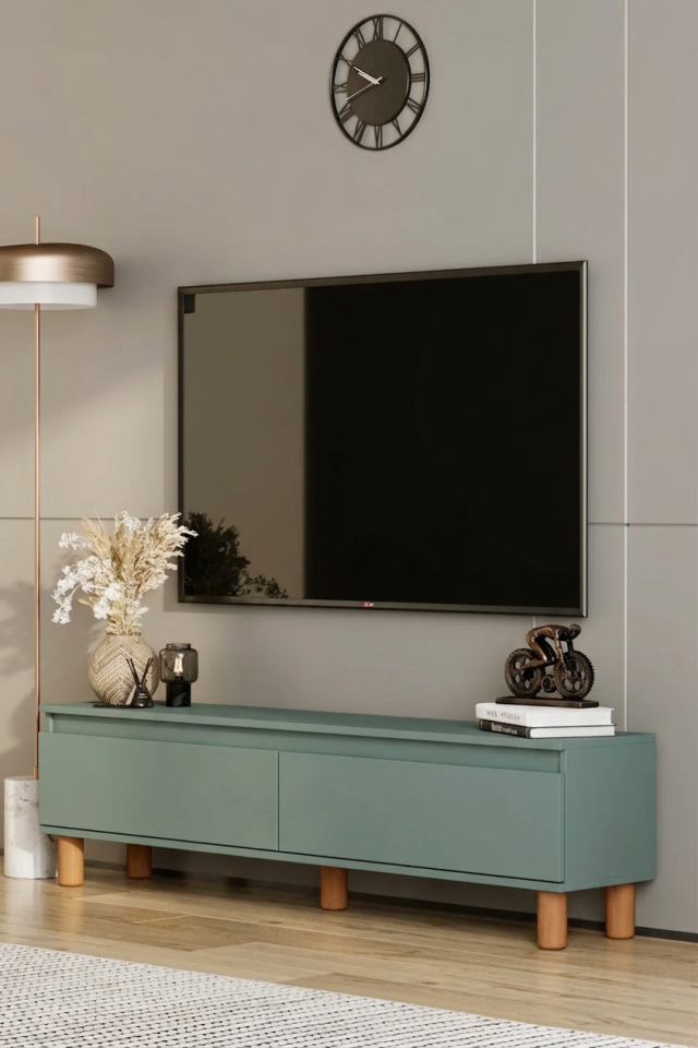 MİLA TV Ünitesi Ahşap Ayaklı 2 Kapaklı - MDF - 140 CM ZEYTİN TAŞI