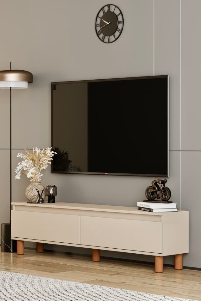 MİLA TV Ünitesi Ahşap Ayaklı 2 Kapaklı - MDF - 140 CM BEJ