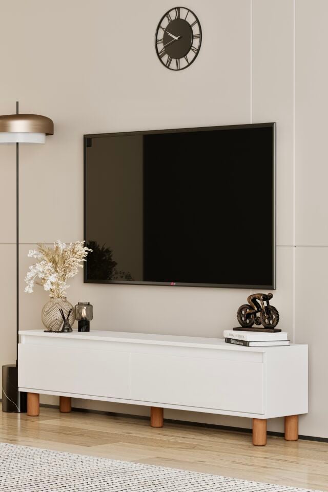 MİLA TV Ünitesi Ahşap Ayaklı 2 Kapaklı - MDF - 160 CM BEYAZ