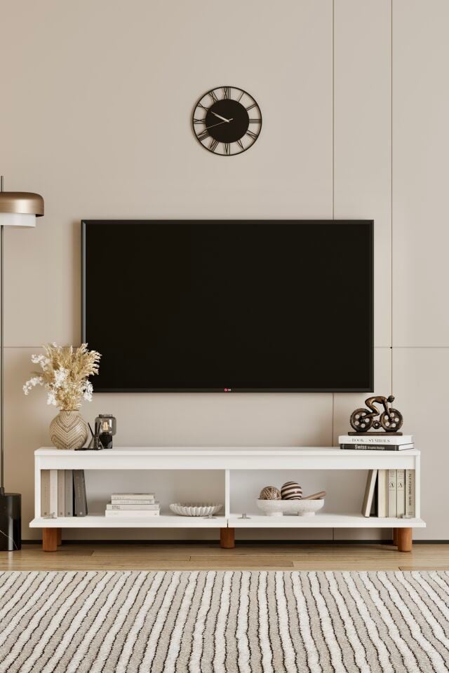 MİLA TV Ünitesi Ahşap Ayaklı 2 Kapaklı - MDF - 160 CM BEYAZ