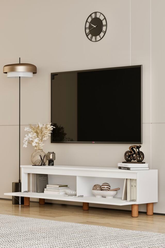 MİLA TV Ünitesi Ahşap Ayaklı 2 Kapaklı - MDF - 160 CM BEYAZ