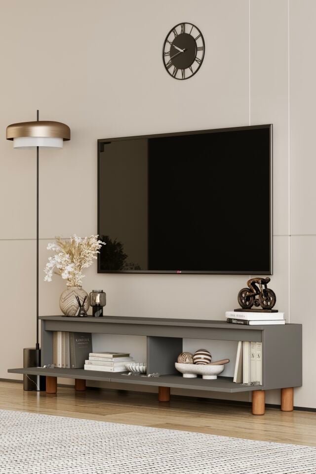 MİLA TV Ünitesi Ahşap Ayaklı 2 Kapaklı - MDF - 160 CM GRİ