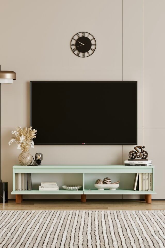 MİLA TV Ünitesi Ahşap Ayaklı 2 Kapaklı - MDF - 160 CM MİNT YEŞİLİ