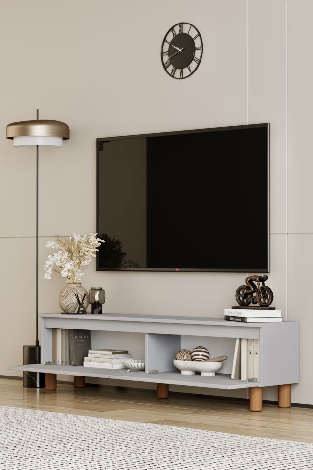 MİLA TV Ünitesi Ahşap Ayaklı 2 Kapaklı - MDF - 160 CM SİS GRİ