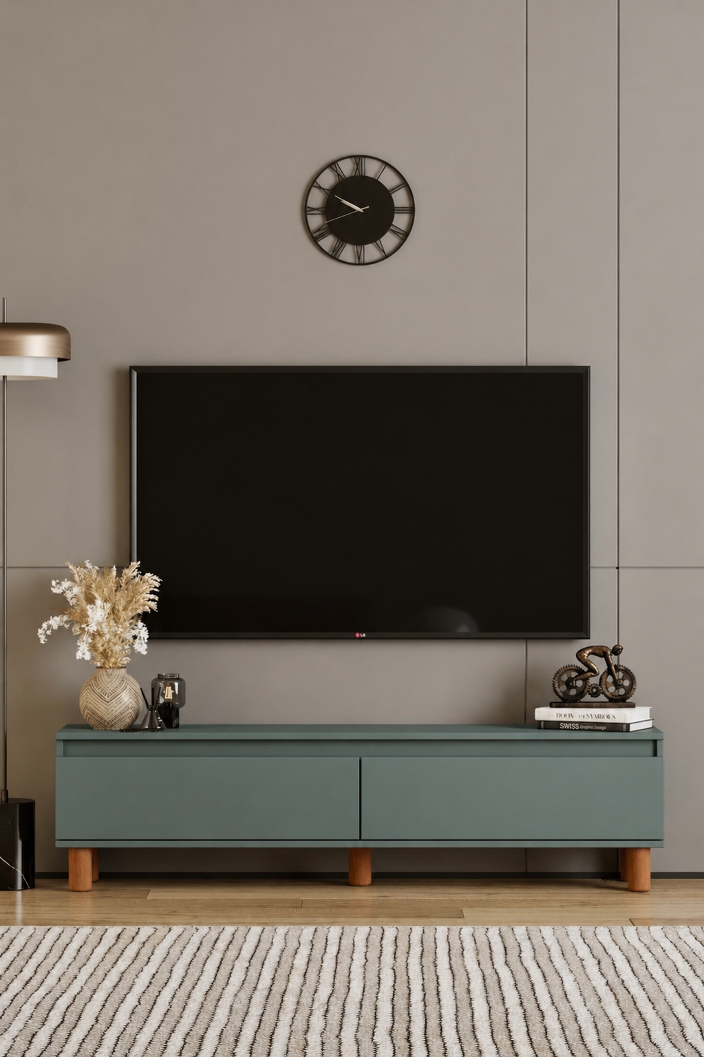 MİLA TV Ünitesi Ahşap Ayaklı 2 Kapaklı - MDF - 160 CM ZEYTİN TAŞI