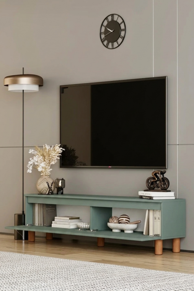MİLA TV Ünitesi Ahşap Ayaklı 2 Kapaklı - MDF - 160 CM ZEYTİN TAŞI