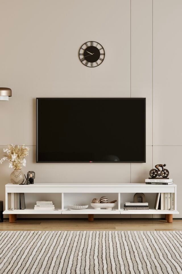 MİLA TV Ünitesi Ahşap Ayaklı 3 Kapaklı - MDF - 180 CM BEYAZ