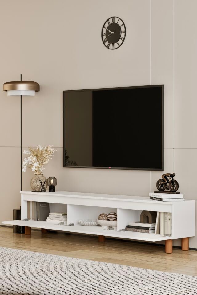MİLA TV Ünitesi Ahşap Ayaklı 3 Kapaklı - MDF - 180 CM BEYAZ