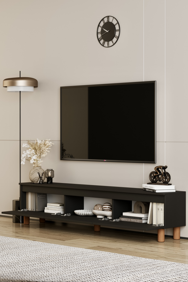 MİLA TV Ünitesi Ahşap Ayaklı 3 Kapaklı - MDF - 180 CM SİYAH