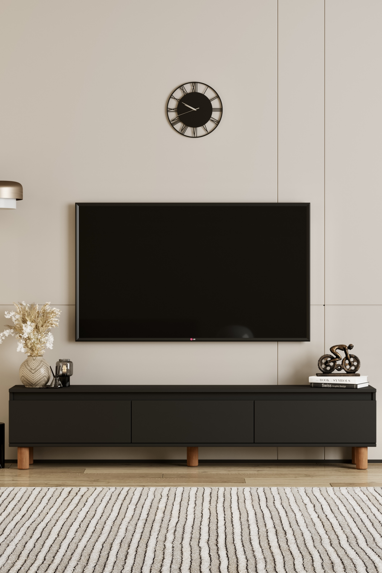 MİLA TV Ünitesi Ahşap Ayaklı 3 Kapaklı - MDF - 180 CM SİYAH