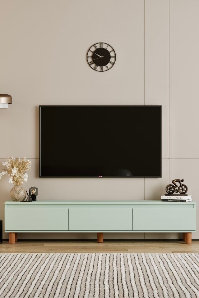 MİLA TV Ünitesi Ahşap Ayaklı 3 Kapaklı - MDF - 180 CM MİNT YEŞİLİ