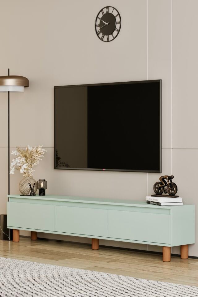 MİLA TV Ünitesi Ahşap Ayaklı 3 Kapaklı - MDF - 180 CM MİNT YEŞİLİ