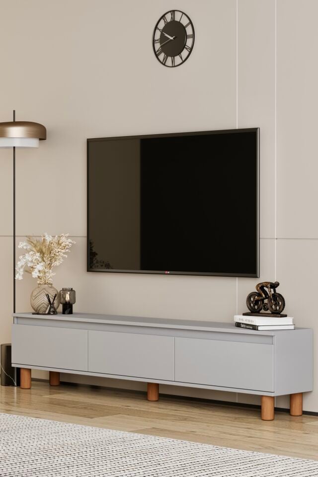 MİLA TV Ünitesi Ahşap Ayaklı 3 Kapaklı - MDF - 180 CM SİS GRİ