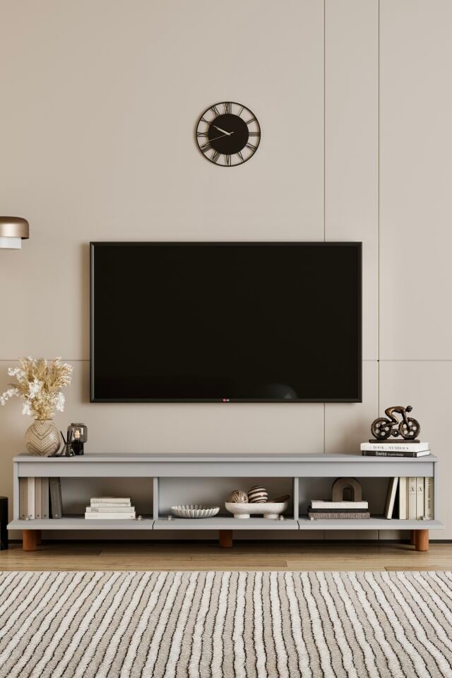 MİLA TV Ünitesi Ahşap Ayaklı 3 Kapaklı - MDF - 180 CM SİS GRİ