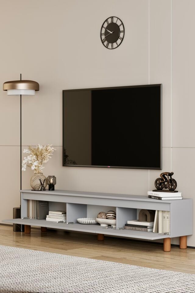 MİLA TV Ünitesi Ahşap Ayaklı 3 Kapaklı - MDF - 180 CM SİS GRİ