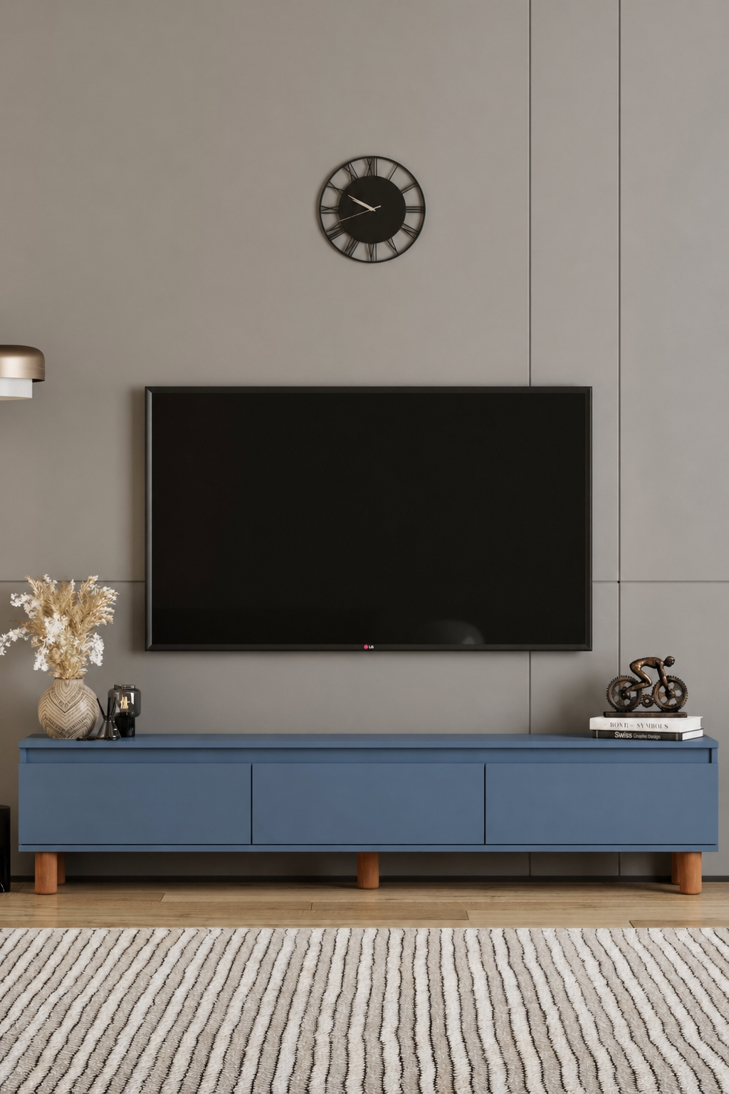 MİLA TV Ünitesi Ahşap Ayaklı 3 Kapaklı - MDF - 180 CM DUMAN MAVİ