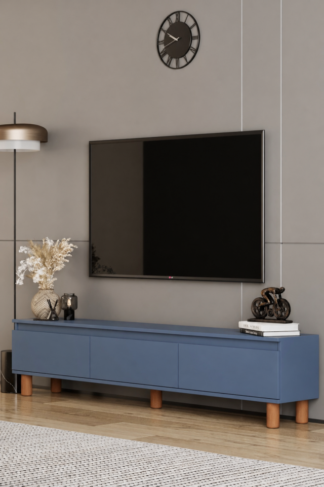 MİLA TV Ünitesi Ahşap Ayaklı 3 Kapaklı - MDF - 180 CM DUMAN MAVİ
