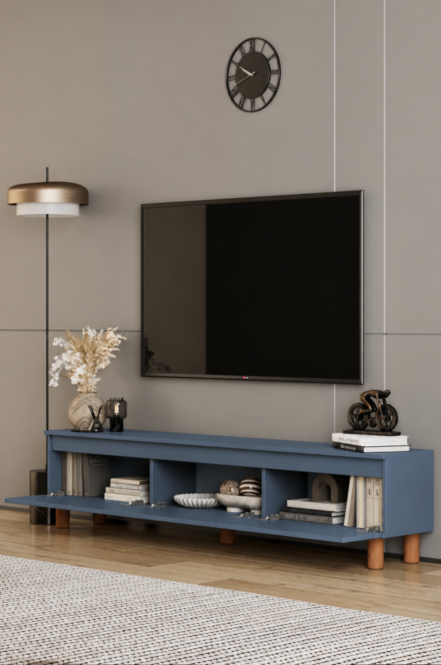 MİLA TV Ünitesi Ahşap Ayaklı 3 Kapaklı - MDF - 180 CM DUMAN MAVİ