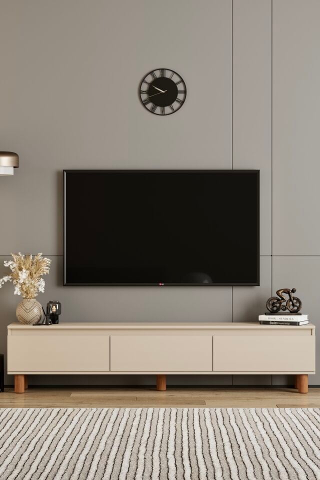MİLA TV Ünitesi Ahşap Ayaklı 3 Kapaklı - MDF - 180 CM BEJ