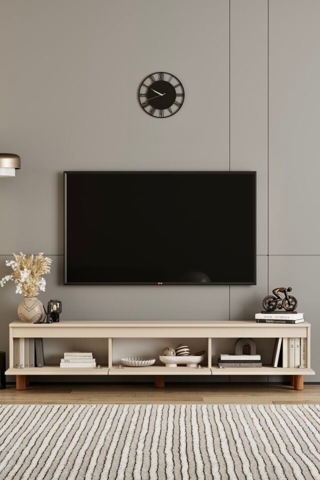 MİLA TV Ünitesi Ahşap Ayaklı 3 Kapaklı - MDF - 180 CM BEJ