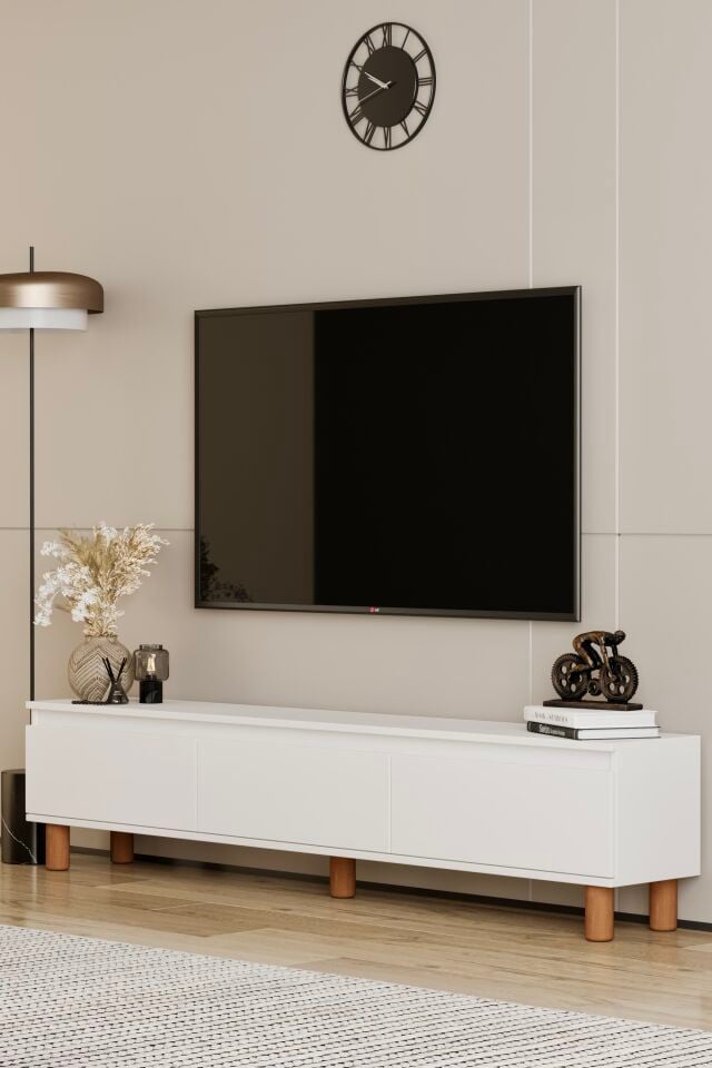 MİLA TV Ünitesi Ahşap Ayaklı 3 Kapaklı - MDF - 200 CM BEYAZ