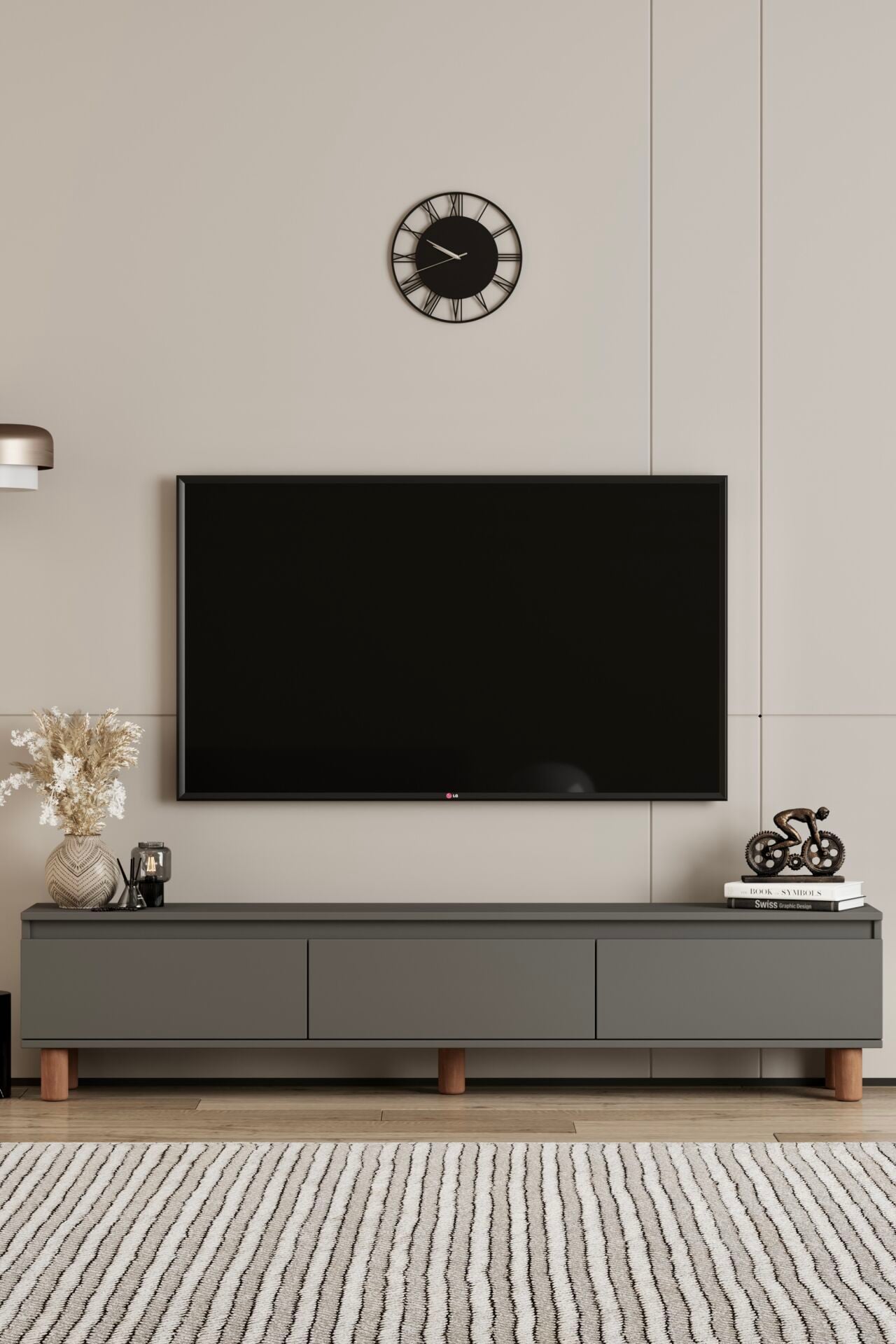 MİLA TV Ünitesi Ahşap Ayaklı 3 Kapaklı - MDF - 200 CM GRİ