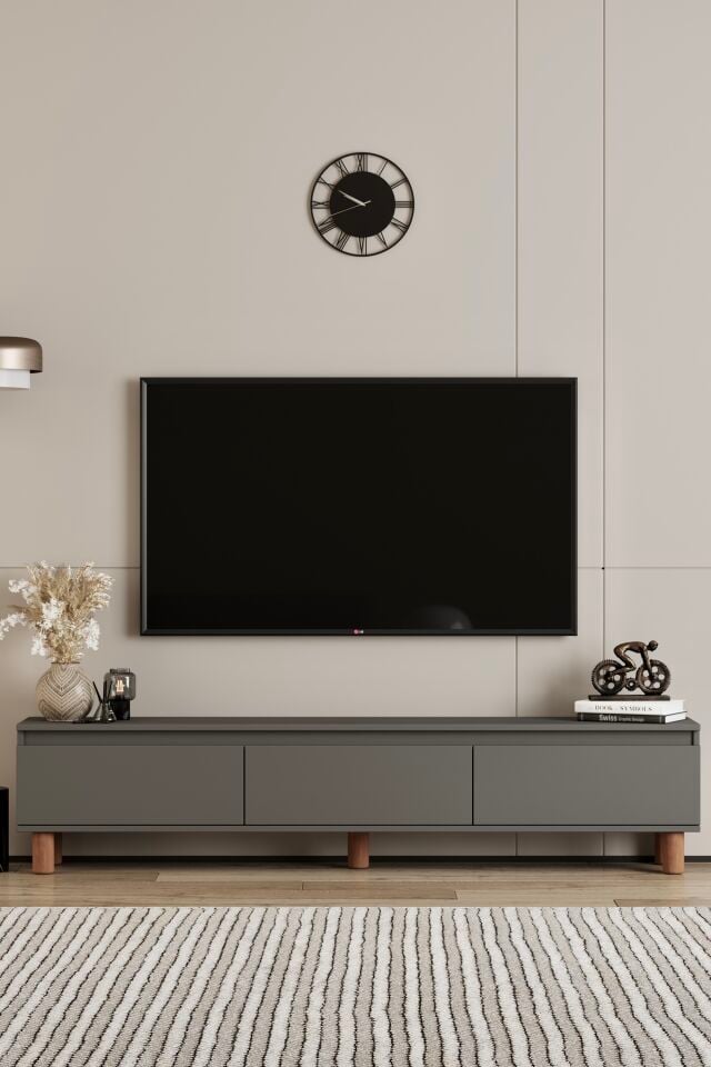 MİLA TV Ünitesi Ahşap Ayaklı 3 Kapaklı - MDF - 200 CM GRİ
