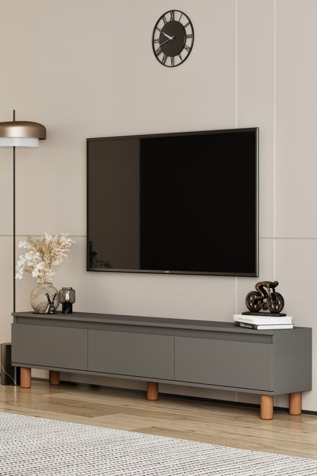 MİLA TV Ünitesi Ahşap Ayaklı 3 Kapaklı - MDF - 200 CM GRİ