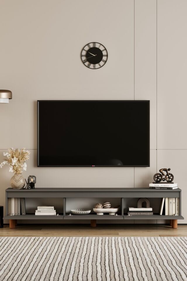 MİLA TV Ünitesi Ahşap Ayaklı 3 Kapaklı - MDF - 200 CM GRİ