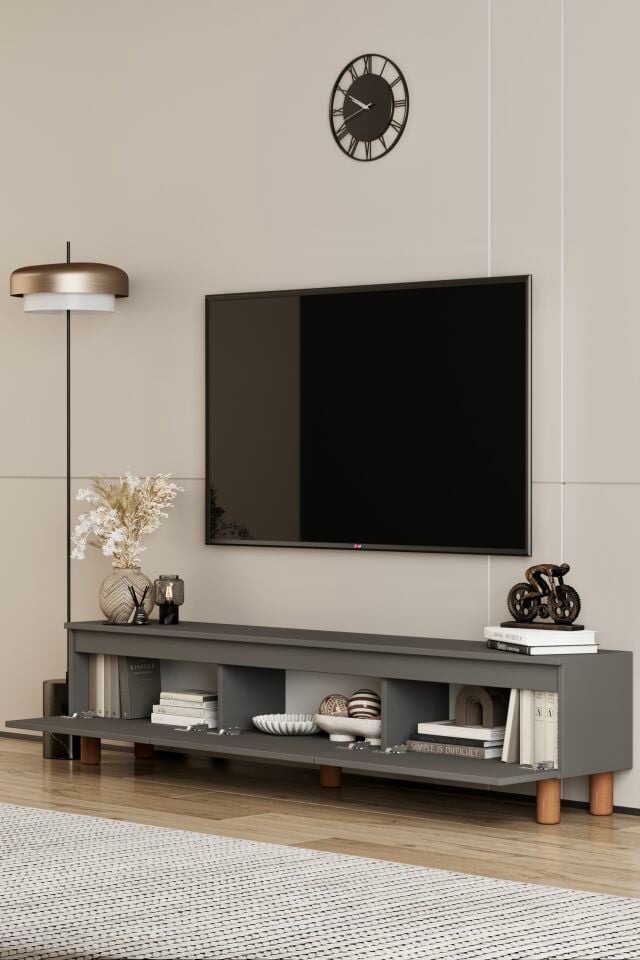 MİLA TV Ünitesi Ahşap Ayaklı 3 Kapaklı - MDF - 200 CM GRİ
