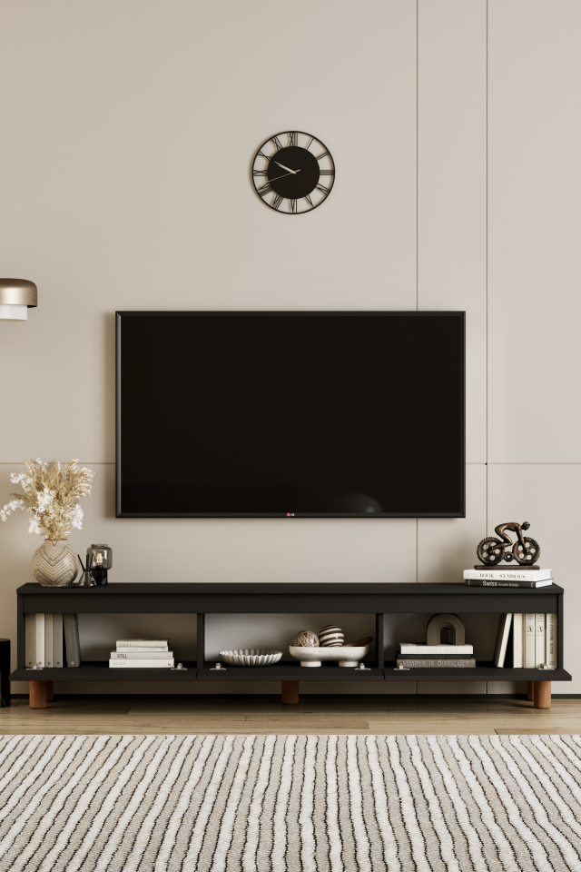 MİLA TV Ünitesi Ahşap Ayaklı 3 Kapaklı - MDF - 200 CM SİYAH