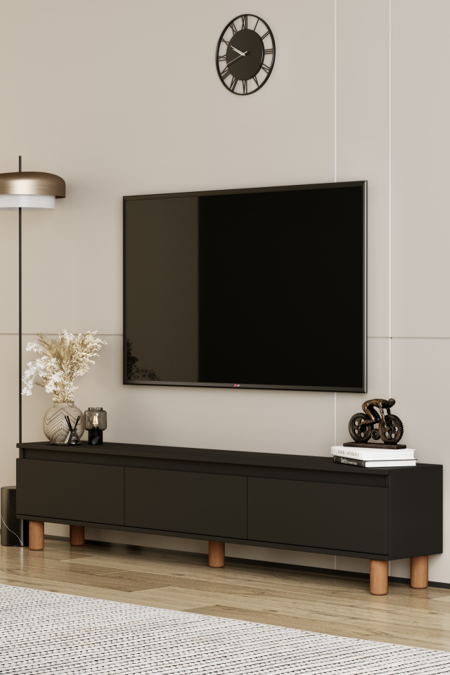 MİLA TV Ünitesi Ahşap Ayaklı 3 Kapaklı - MDF - 200 CM SİYAH