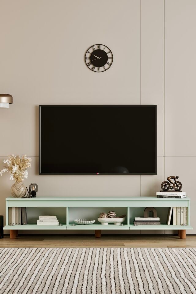MİLA TV Ünitesi Ahşap Ayaklı 3 Kapaklı - MDF - 200 CM MİNT YEŞİLİ